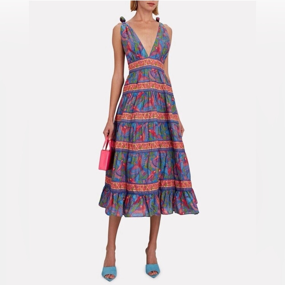 NWT Farm Rio Blue Macaw flight Midi Dress Floral Tie Shoudler Size XL
